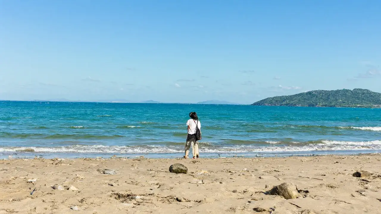 초승달 모양 해변과 바다가 보이는 퀴논 가족 여행