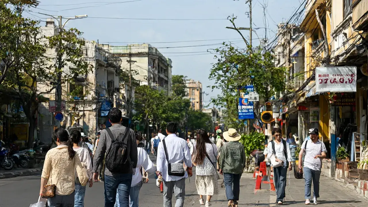 구름 낀 해변에서 우산과 모자를 챙기는 가족